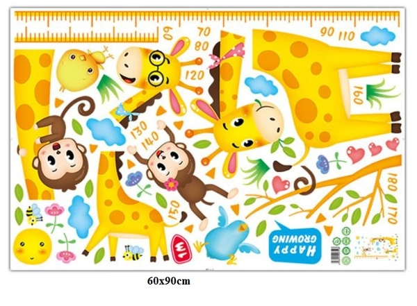 Decal dán tường thước đo hươu vàng và khỉ đu dây 2