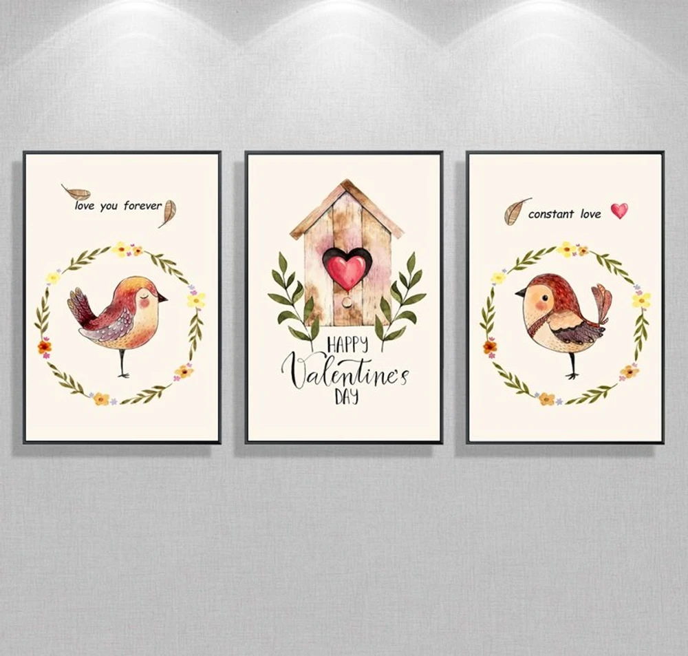 Tranh treo tường bộ 3 tấm nhà chim tình yêu