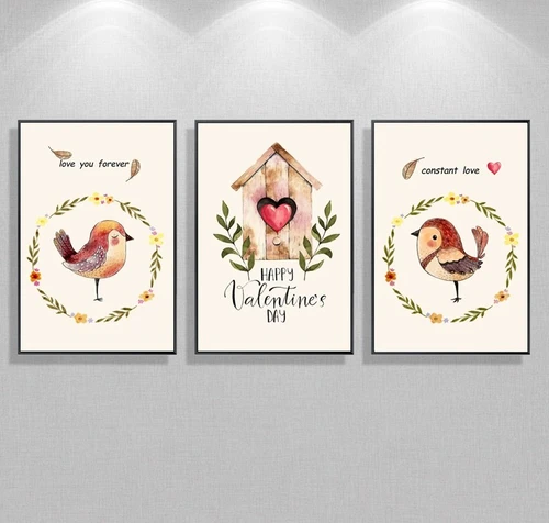 Tranh treo tường bộ 3 tấm nhà chim tình yêu