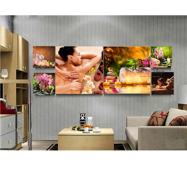 Tranh treo tường spa hoa phong lan tím và nến vàng