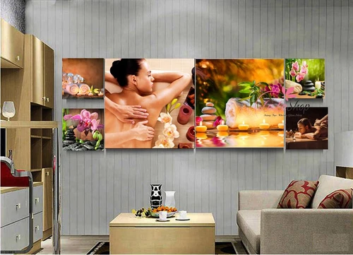 Tranh treo tường spa hoa phong lan tím và nến vàng