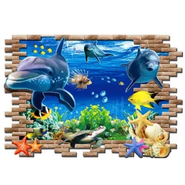Decal 3D dán tường Đại dương cá heo