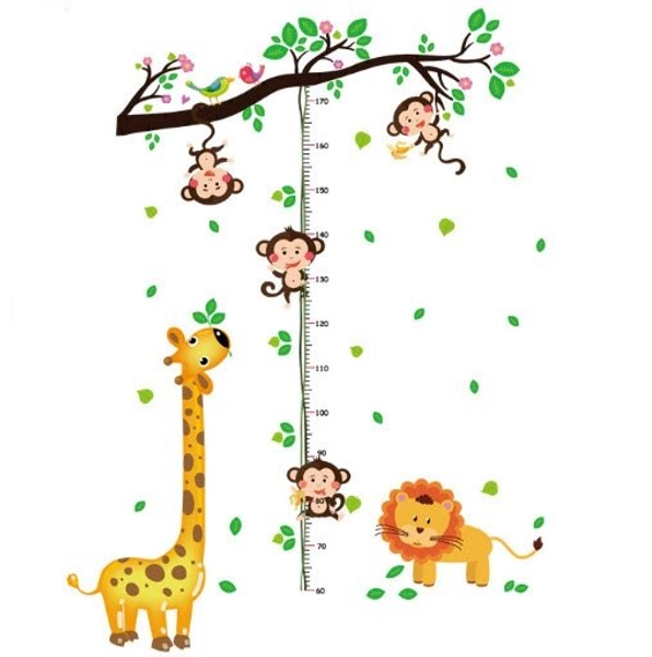 Decal dán tường thước đo hươu vàng và khỉ đu dây