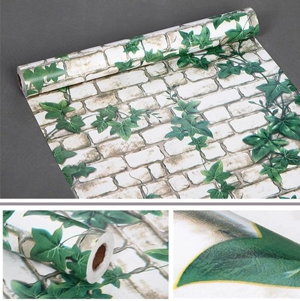 Giấy Decal cuộn giả gạch trắng dây leo xanh khổ 0,45m