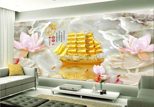 Tranh Dán Tường Đóa Sen Tinh Khiết Và Thuyền Vàng Tài Lộc