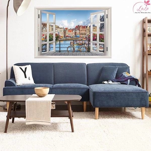 Tranh Dán Tường Phong Cảnh Cửa Sổ Thành Phố Biển 3D