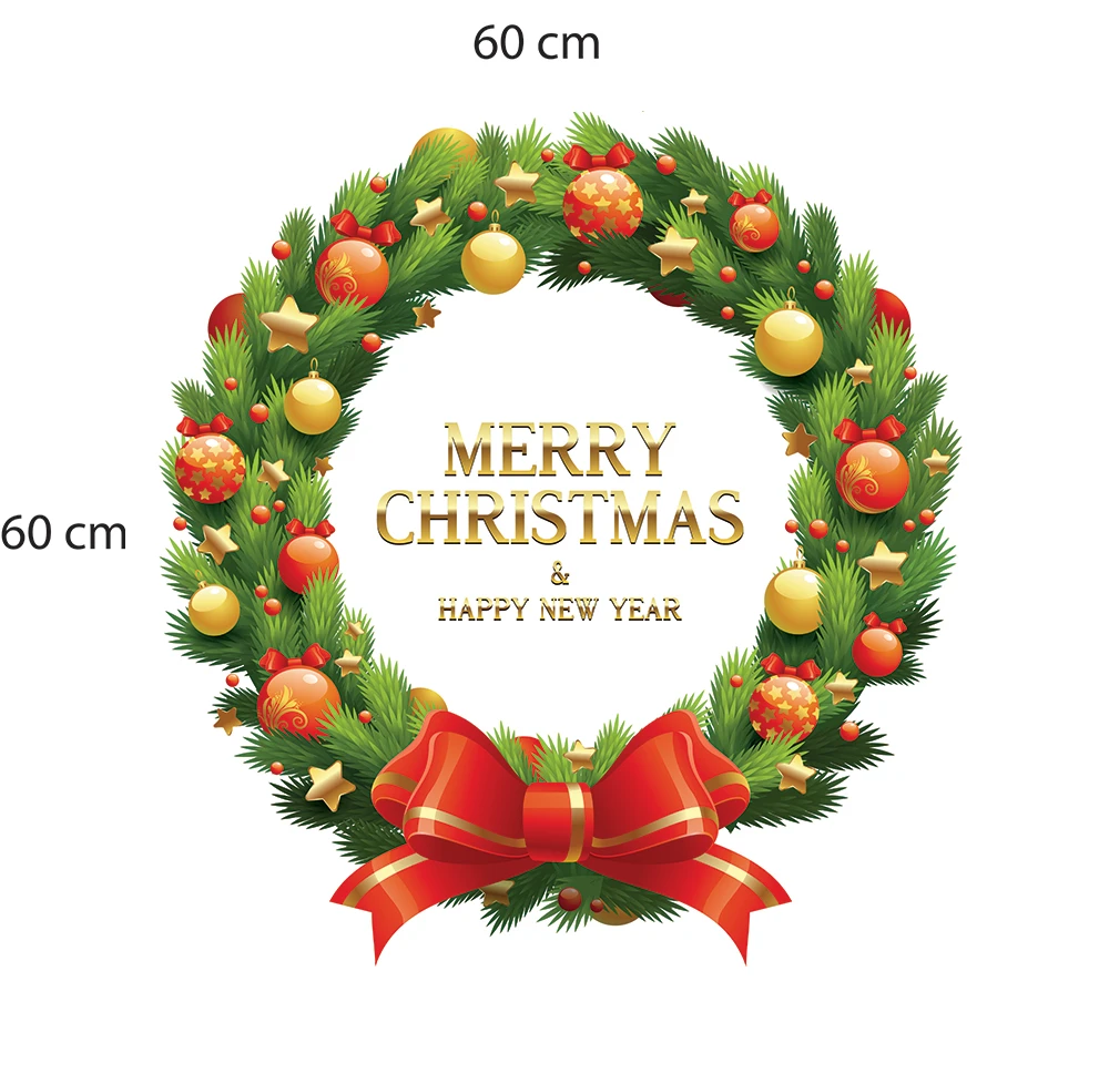 Decal dán tường Vòng nguyệt quế Noel nơ đỏ size lớn 60x60 (nền trắng đục)