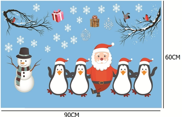 Decal dán tường Ông già Noel và chim cánh cụt  (nền trắng đục)