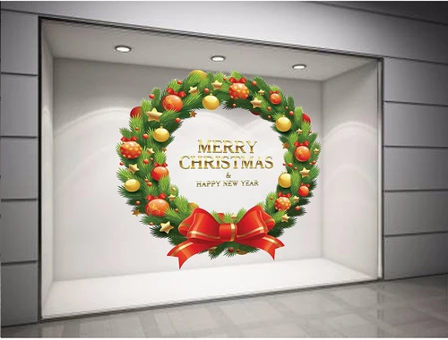 Decal dán tường Vòng nguyệt quế Noel nơ đỏ size lớn 60x60 (nền trắng đục)
