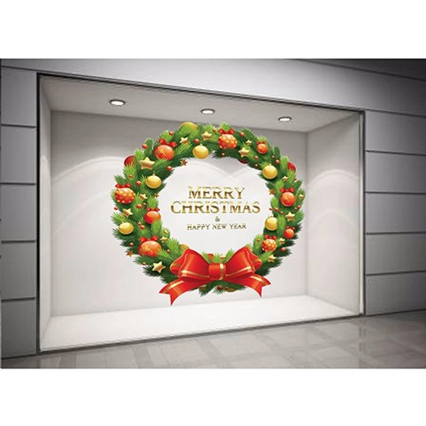 Decal dán tường Vòng nguyệt quế Noel nơ đỏ size lớn 60x60  (nền trắng đục)