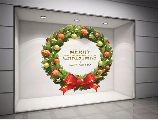 Decal dán tường Vòng nguyệt quế Noel nơ đỏ size lớn 60x60  (nền trắng đục)