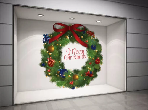 Decal dán tường Vòng nguyệt quế Noel nơ đỏ size lớn 03 60x60 (nền trắng đục)