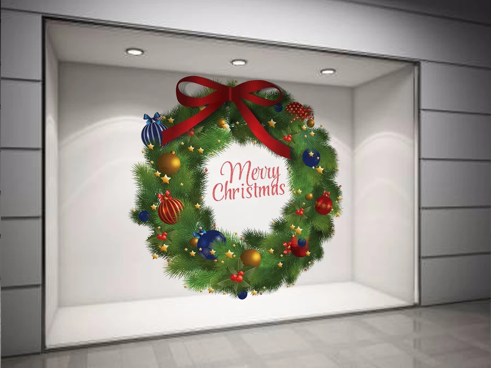 Decal dán tường Vòng nguyệt quế Noel nơ đỏ size lớn 03 60x60 (nền trắng đục)