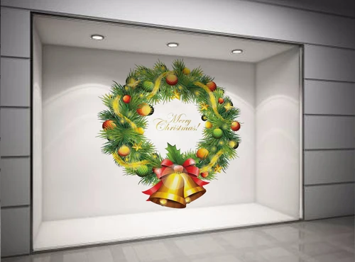 Decal dán tường Vòng nguyệt quế quả chuông Noel size lớn 60x60 (nền trắng đục)