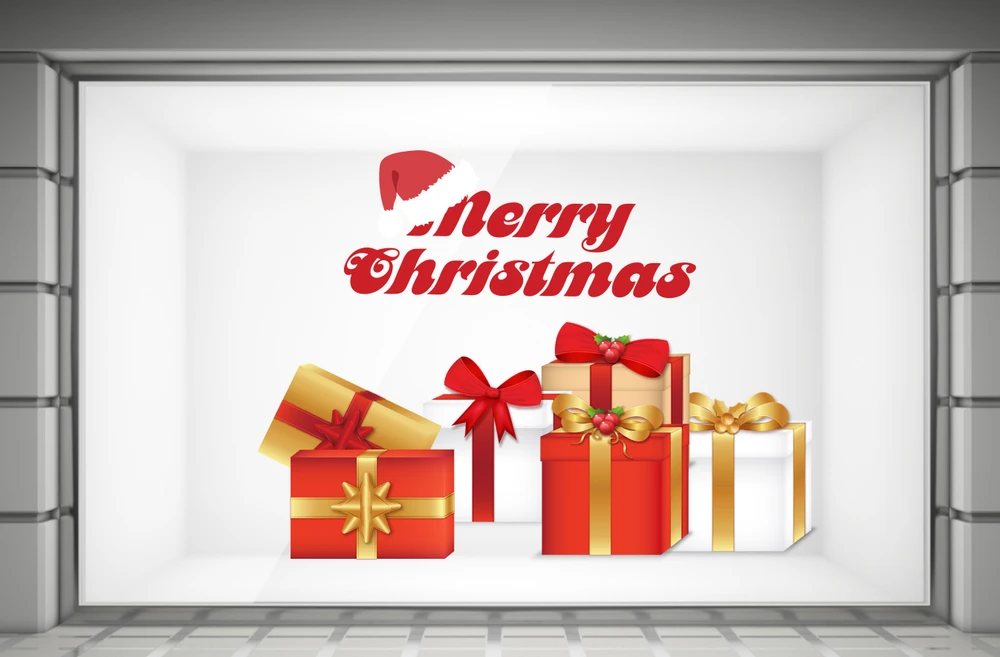 Decal dán tường Merry Christmas và hộp quà đỏ 50x70cm