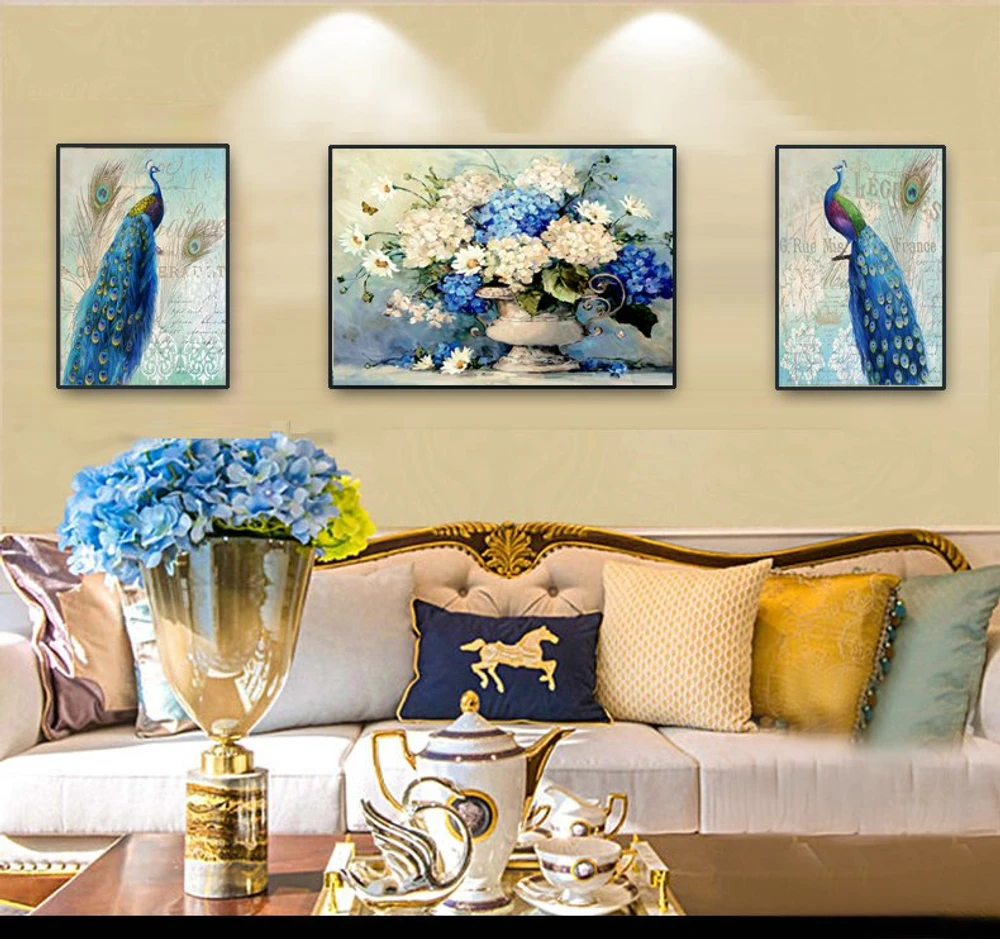 Tranh treo tường đôi chim công và hoa cẩm tú cầu A-002