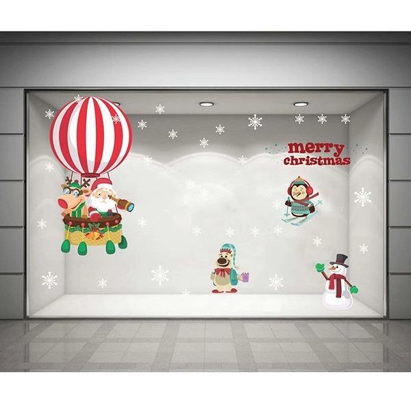 Decal dán tường Ông già Noel và khinh khí cầu (nền trắng đục)