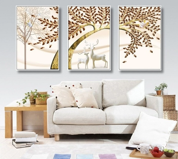 Tranh treo tường 3d đôi hươu hoa tài lộc và cây cách điệu