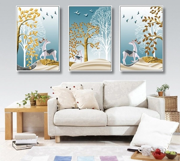 Tranh treo tường 3d đôi hươu hoa tài lộc và cây cách điệu
