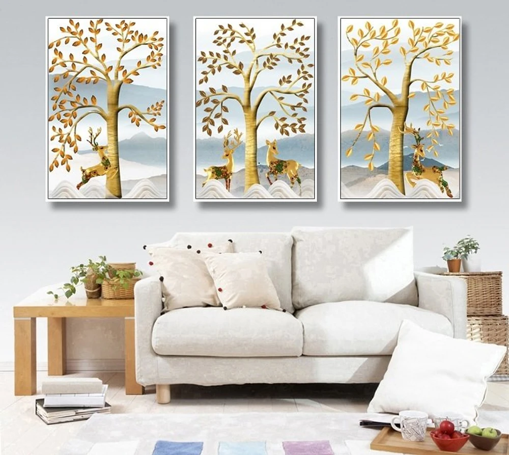 Tranh treo tường 3d đôi hươu hoa tài lộc và cây cách điệu