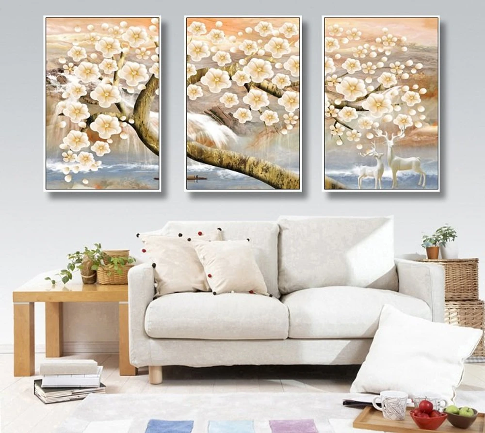 Tranh treo tường nghệ thuật anh đào và đôi hươu (A-123)