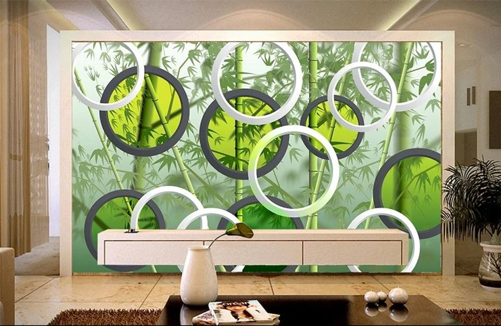 Tranh dán tường rừng tre với các khung kính tròn