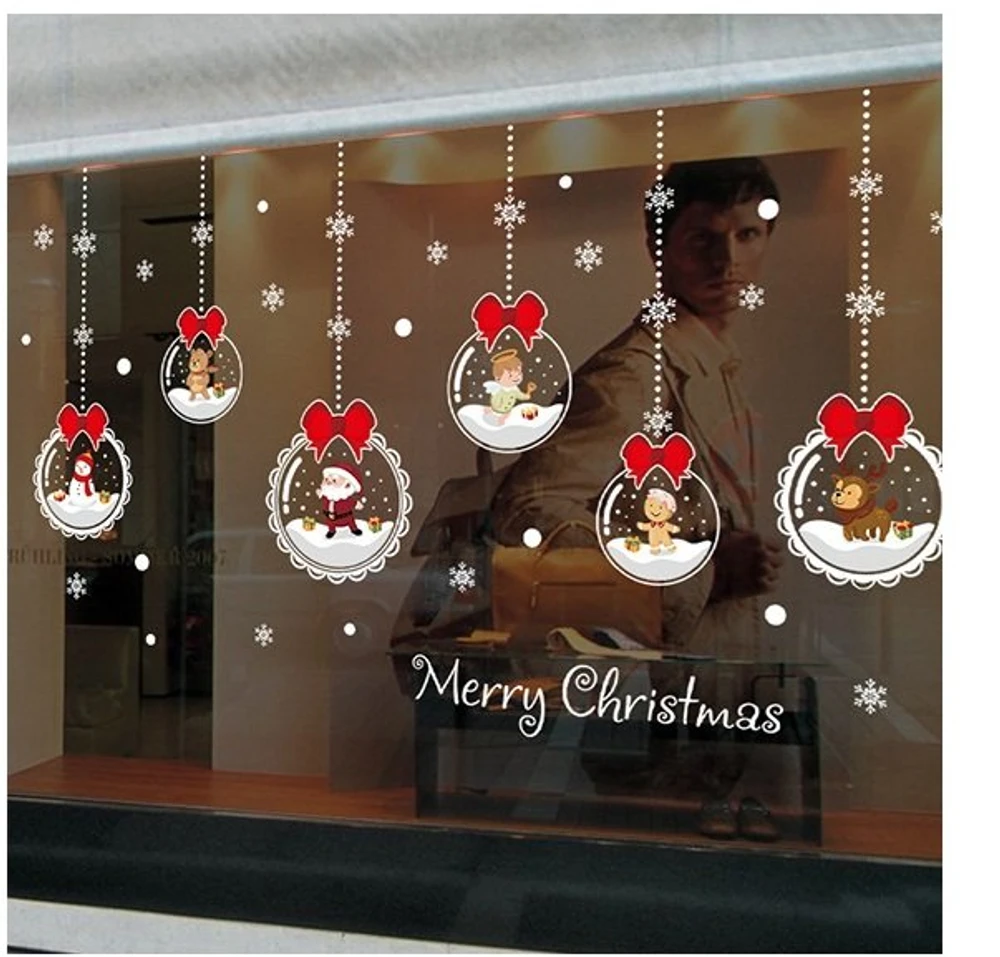 Decal trang trí Noel dây treo quả cầu nơ đỏ