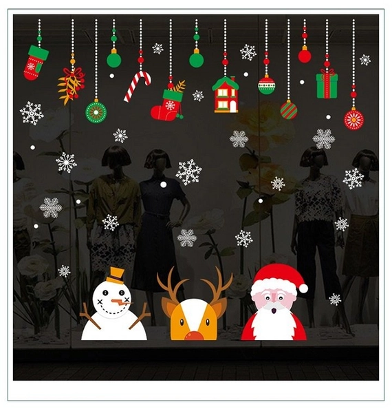 Decal trang trí noel ông già Noel cùng tuần, người tuyết và dây treo