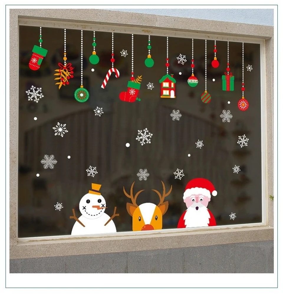 Decal trang trí noel ông già Noel cùng tuần, người tuyết và dây treo