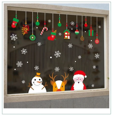 Decal trang trí noel ông già Noel cùng tuần, người tuyết và dây treo