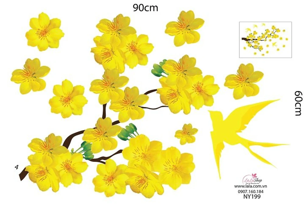 Decal mai vàng và chim én đón xuân 2