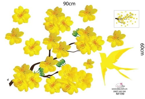 Decal mai vàng và chim én đón xuân 2