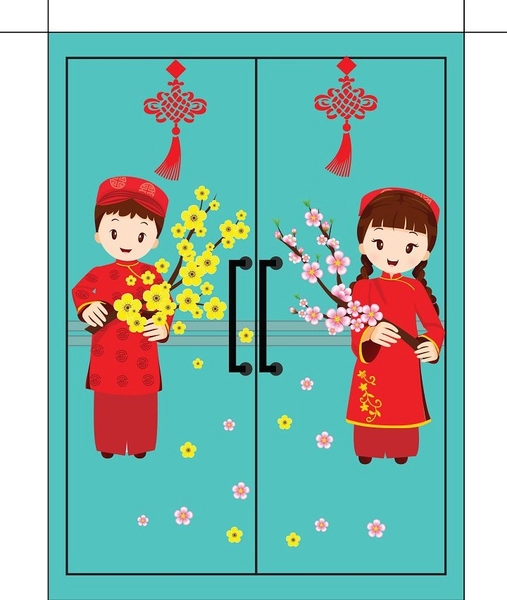 Decal bé và hoa chúc tết