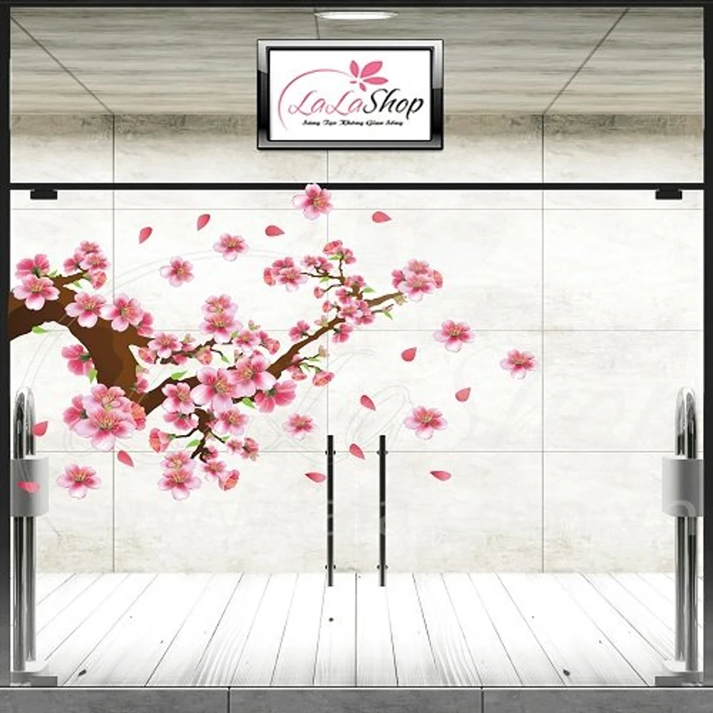 Decal cành đào hồng may mắn đón xuân