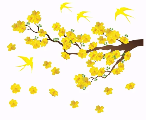 Decal mai vàng và chim én đón xuân 4 size 3 tấm(100x150Cm)