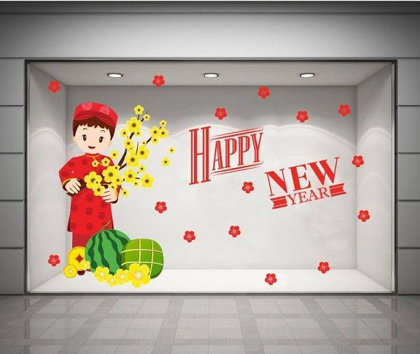 Decal bé cầm cành mai chúc tết size 100x150cm