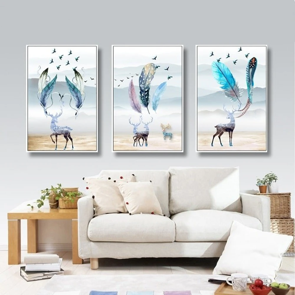 Tranh treo tường hươu và lông vũ nghệ thuật