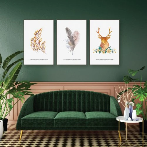 Tranh treo tường trang trí lông vũ và hươu vàng nghệ thuật