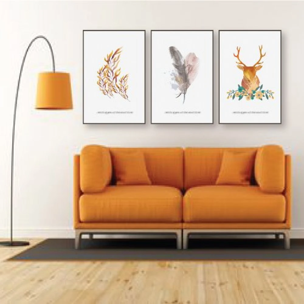Tranh treo tường trang trí lông vũ và hươu vàng nghệ thuật