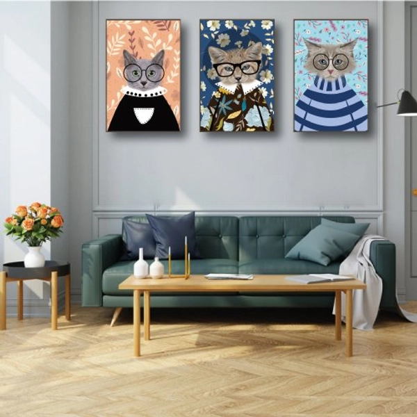 Tranh treo tường nghệ thuật ba chú mèo đeo kính (KE-099)