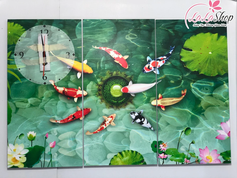 Tranh Đồng Hồ 3D Cửu Ngư Quần Hội