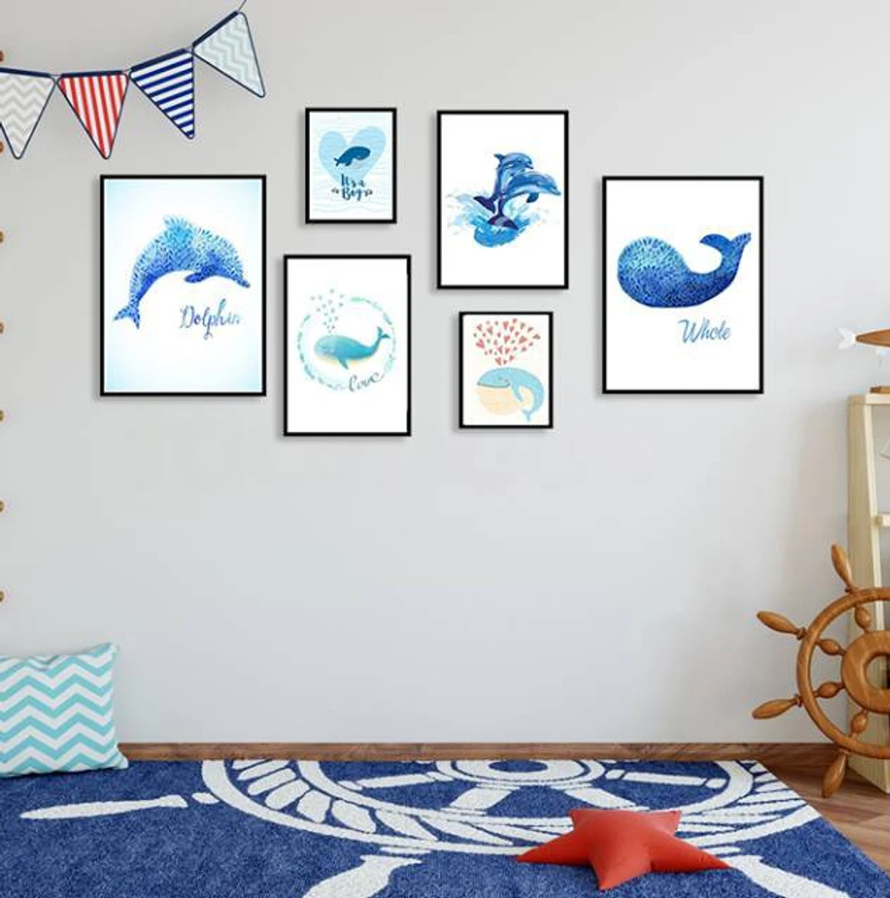 Bộ 6 tranh treo tường cá heo xanh (HG)