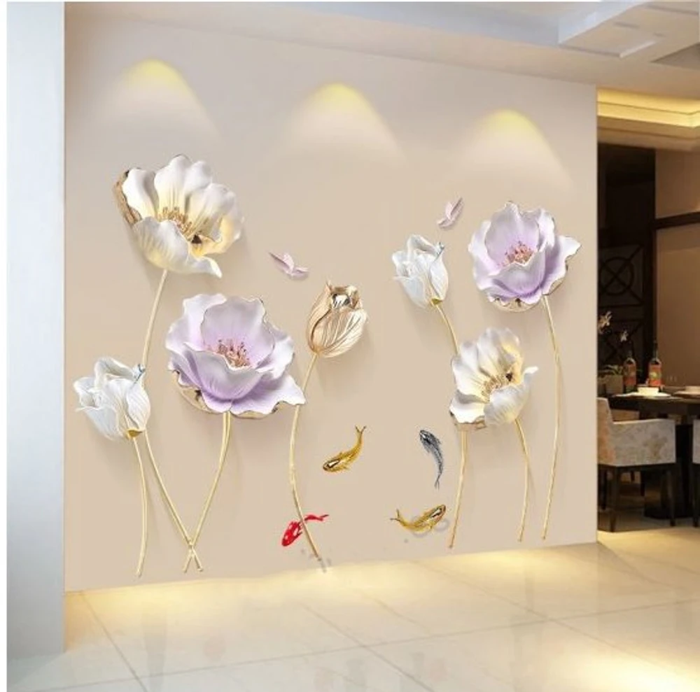 Decal dán tường hoa anh túc tím và trắng