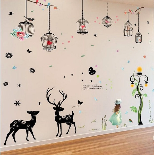 Combo decal dán tường cô gái và đôi hươu (bộ)
