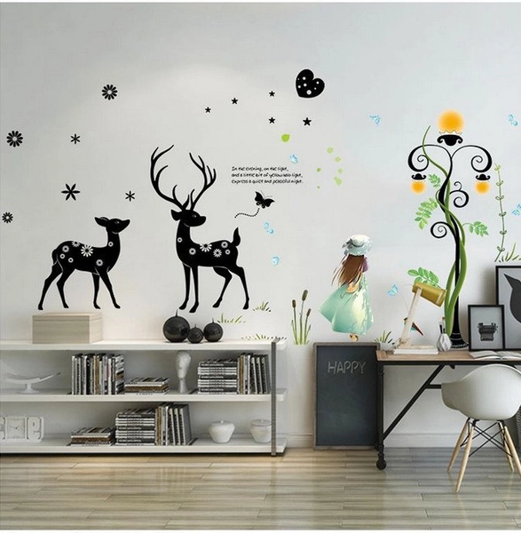 Combo decal dán tường cô gái và đôi hươu (bộ)