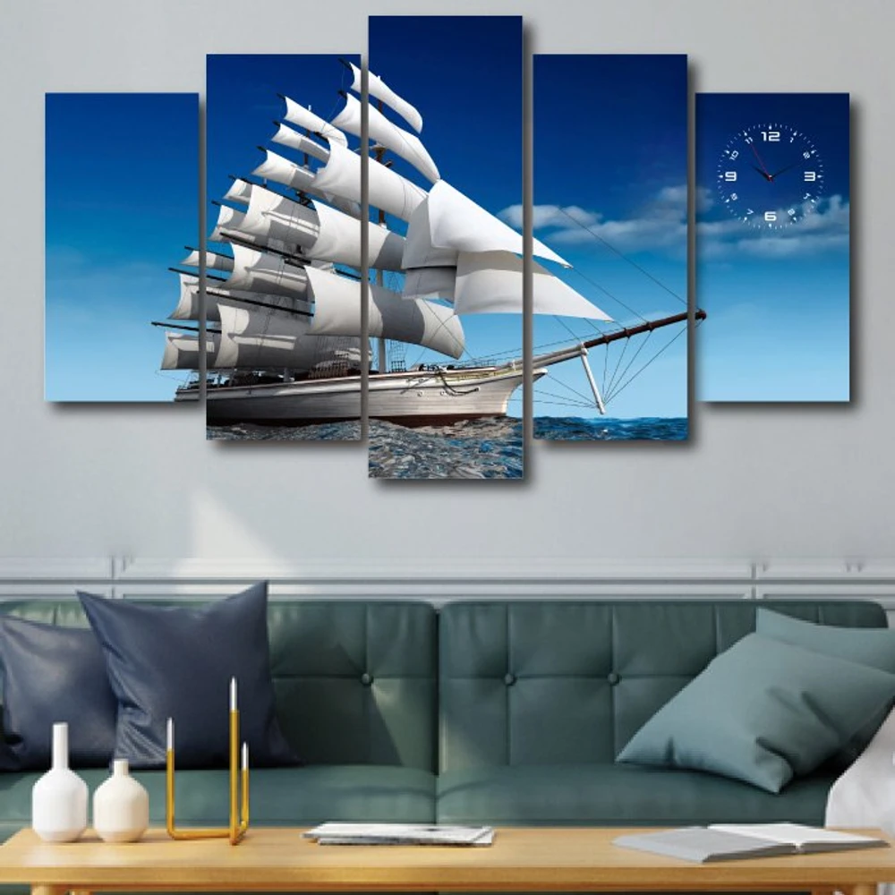 Tranh đồng hồ thuyền buồm size 5 tấm