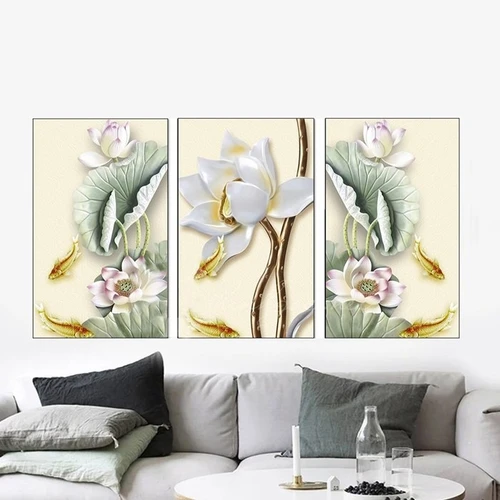 Tranh treo tường quần ngư bên sen trắng