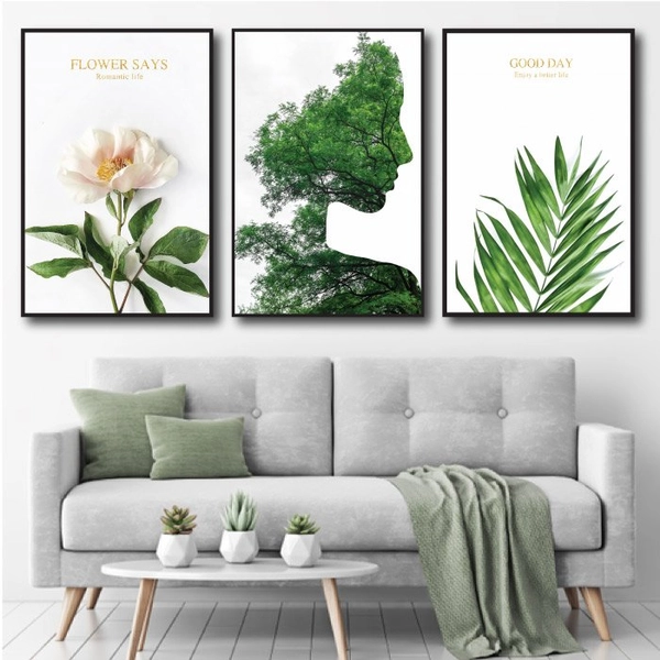 Tranh nghệ thuật trừu tượng cô gái và lá xanh 3