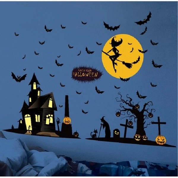 Decal 2 mặt dán tường halloween thành phố bóng đêm