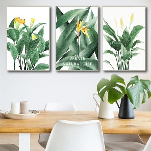 Tranh treo tường hoa vàng và lá xanh nghệ thuật